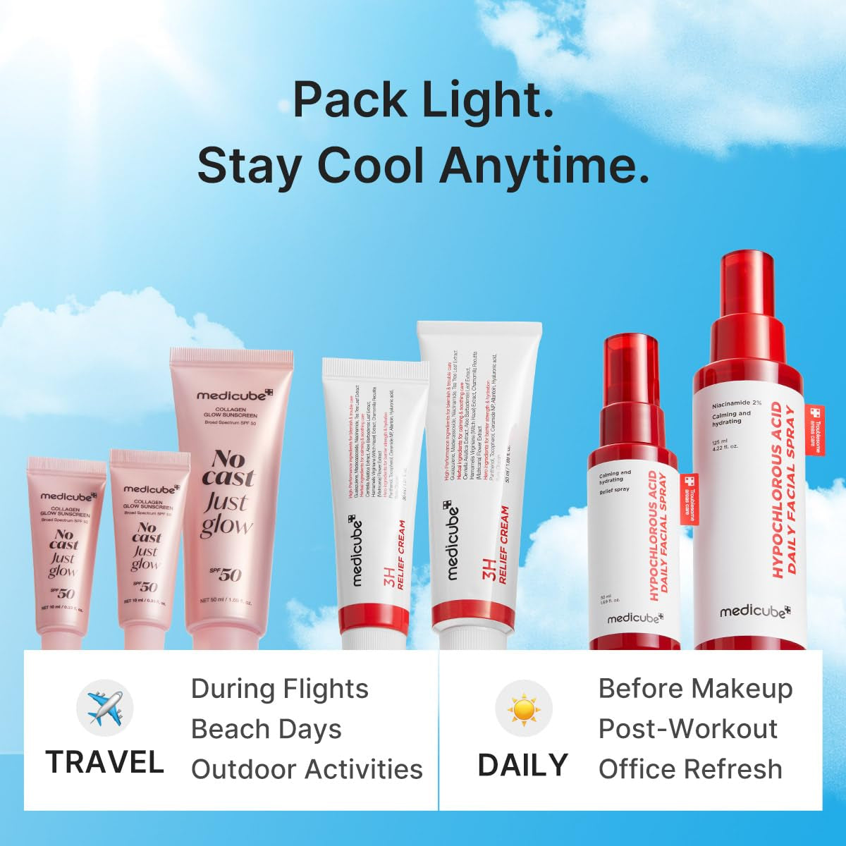Summer-Ready Skincare Travel Kit for Quick Cooling & Soothing | Cooling & Soothing Essential - Hocl Spray, Relief Cream & SPF 50 Sunscreen for Irritated Skin, Travel Size, Skincare Gift Set