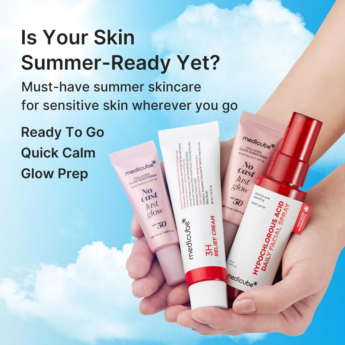 Summer-Ready Skincare Travel Kit for Quick Cooling & Soothing | Cooling & Soothing Essential - Hocl Spray, Relief Cream & SPF 50 Sunscreen for Irritated Skin, Travel Size, Skincare Gift Set