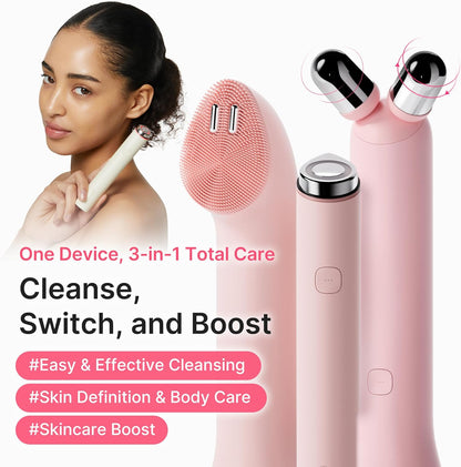 All-In-One Skin Booster Device & Skincare Set (Pink): Mini Booster Pro plus Full Facial Set, PDRN Peptide Serum, Booster Gel | 3-In-1 Korean Facial Device for Cleansing, Firming, Hydrating