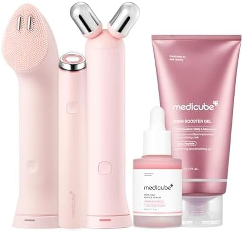All-In-One Skin Booster Device & Skincare Set (Pink): Mini Booster Pro plus Full Facial Set, PDRN Peptide Serum, Booster Gel | 3-In-1 Korean Facial Device for Cleansing, Firming, Hydrating