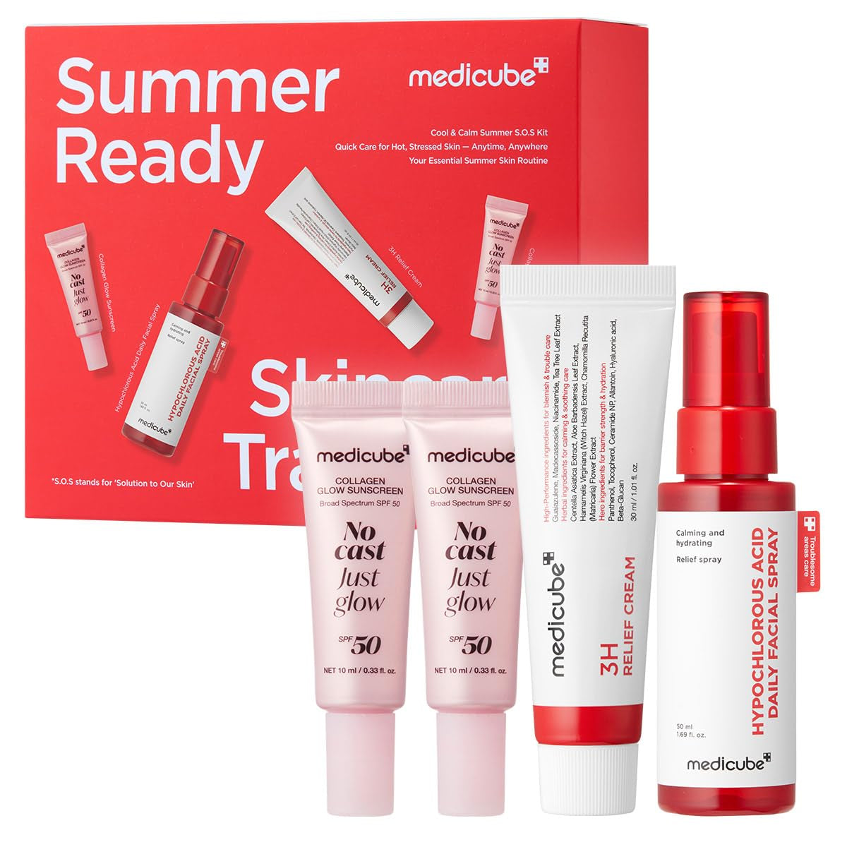 Summer-Ready Skincare Travel Kit for Quick Cooling & Soothing | Cooling & Soothing Essential - Hocl Spray, Relief Cream & SPF 50 Sunscreen for Irritated Skin, Travel Size, Skincare Gift Set