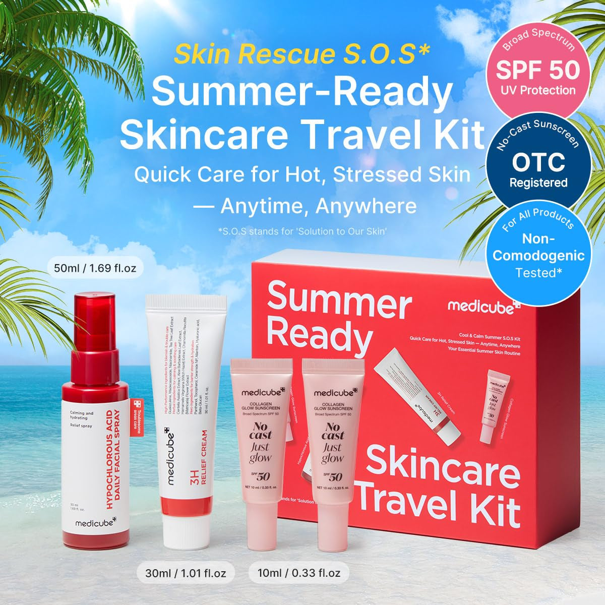 Summer-Ready Skincare Travel Kit for Quick Cooling & Soothing | Cooling & Soothing Essential - Hocl Spray, Relief Cream & SPF 50 Sunscreen for Irritated Skin, Travel Size, Skincare Gift Set