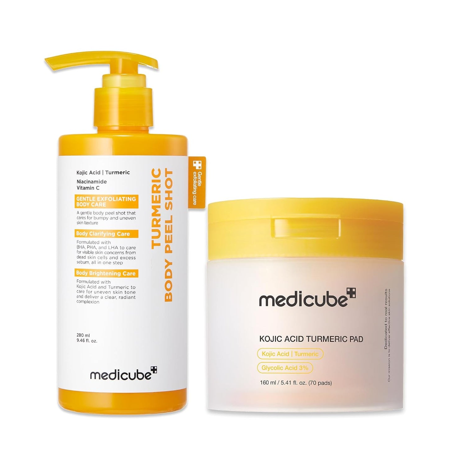 Body Smoothing & Clarifying Duo: Turmeric Body Peel Shot & Kojic Acid Toner Pads | Gentle Body Exfoliation & Texture Care