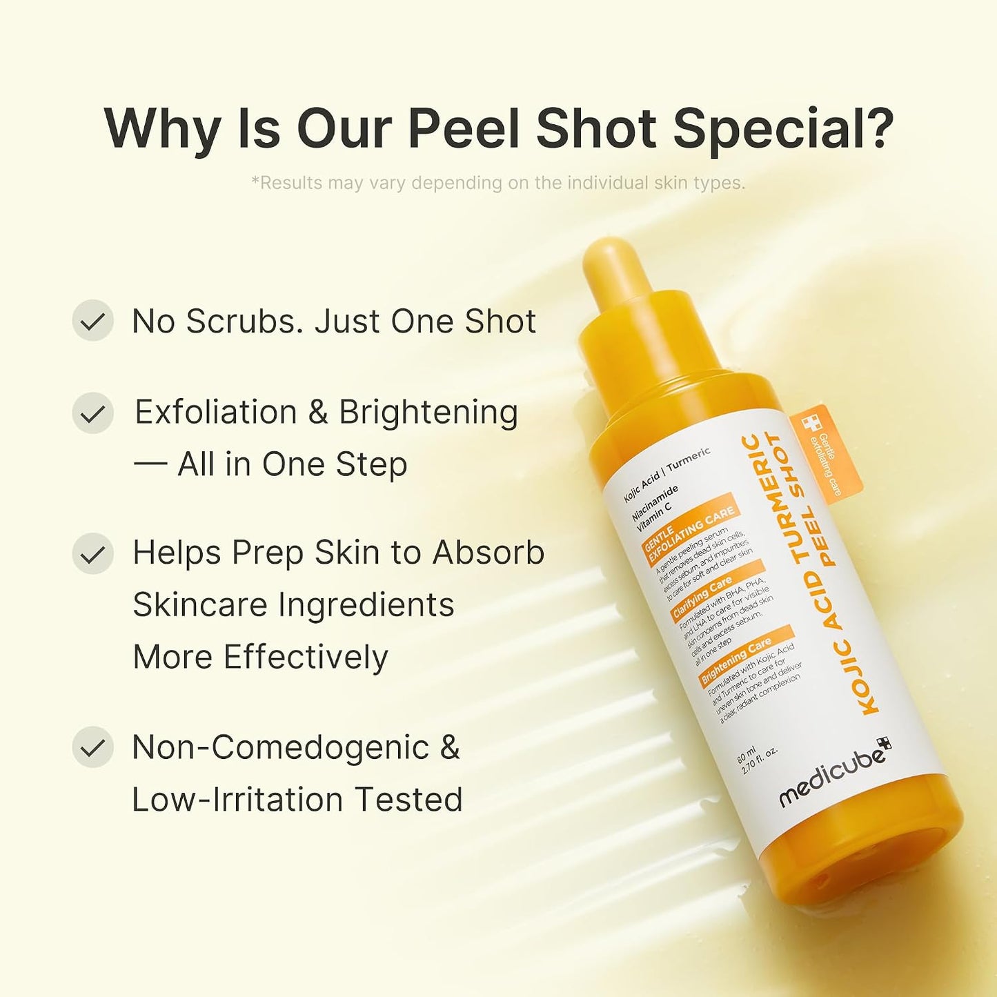 Peel Shot with Kojic Acid Turmeric for Troubled Skin | Gentle Exfoliating Serum with BHA LHA PHA - Dead Skin Cells, Blackheads, Excess Sebum, for Dull & Rough Skin, 2.7 Fl.Oz