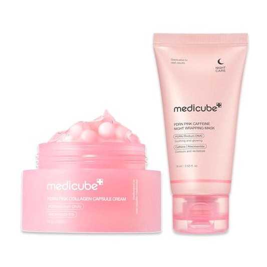 PDRN Pink Shimmer Duo: Salmon DNA Pink Collagen Capsule Cream and PDRN Caffiene Overnight Wrapping Peel off Facial Mask