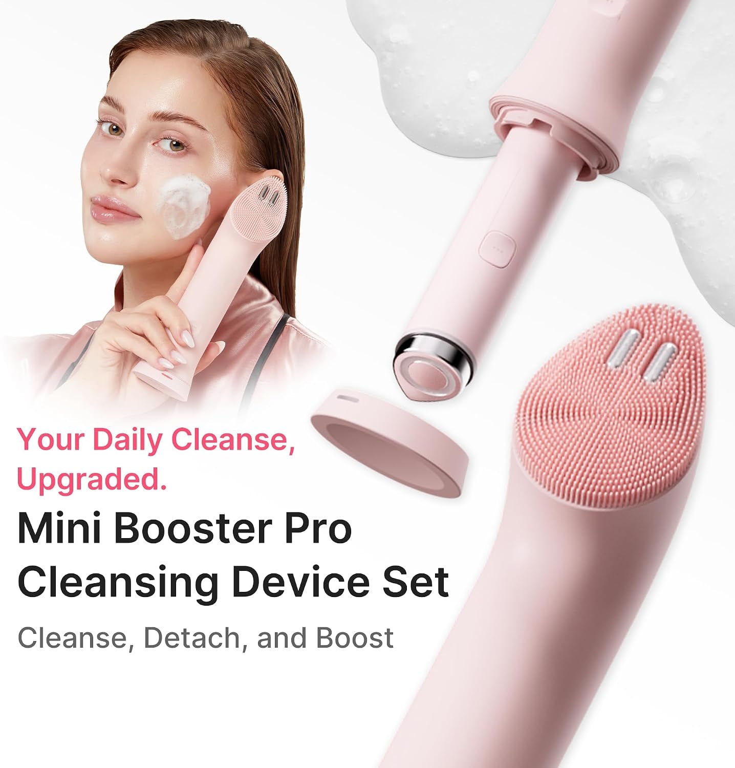 Ultimate Double Cleansing Set: Mini Booster Pro plus Cleansing Device Set (Pink), Zero Pore Blackhead Cleansing Oil and Zero Foam Cleanser