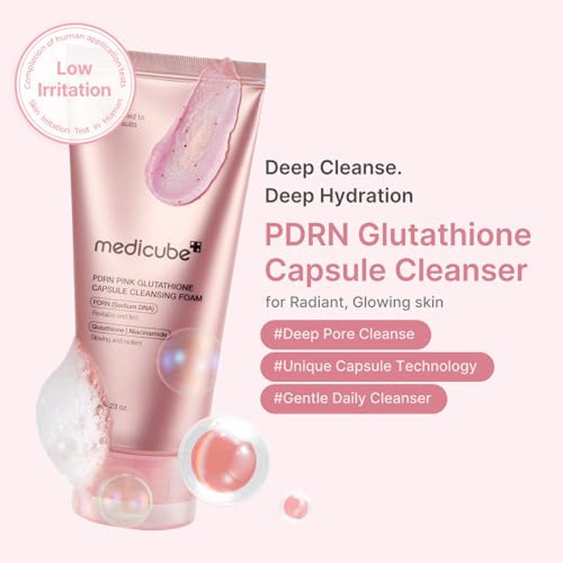 PDRN Double Cleanse Duo: Pink Glutathione Capsule Foam and Jelly to Foam Cleanser | Deep Pore Cleansing, Hydrating Low Ph Face Wash | Korean Skincare Set